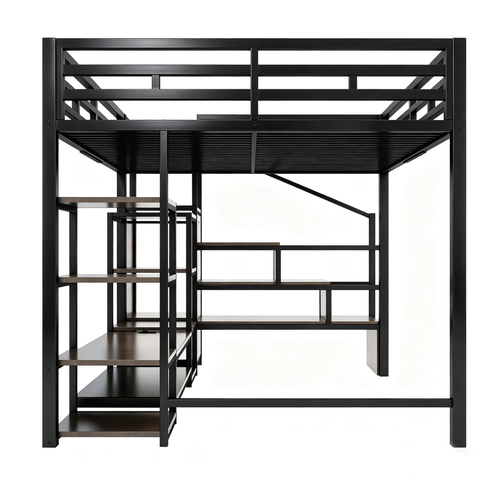 Letto a soppalco ULEVR 140x200 cm con supporto TV, presa integrata e scala, metallo e MDF nero