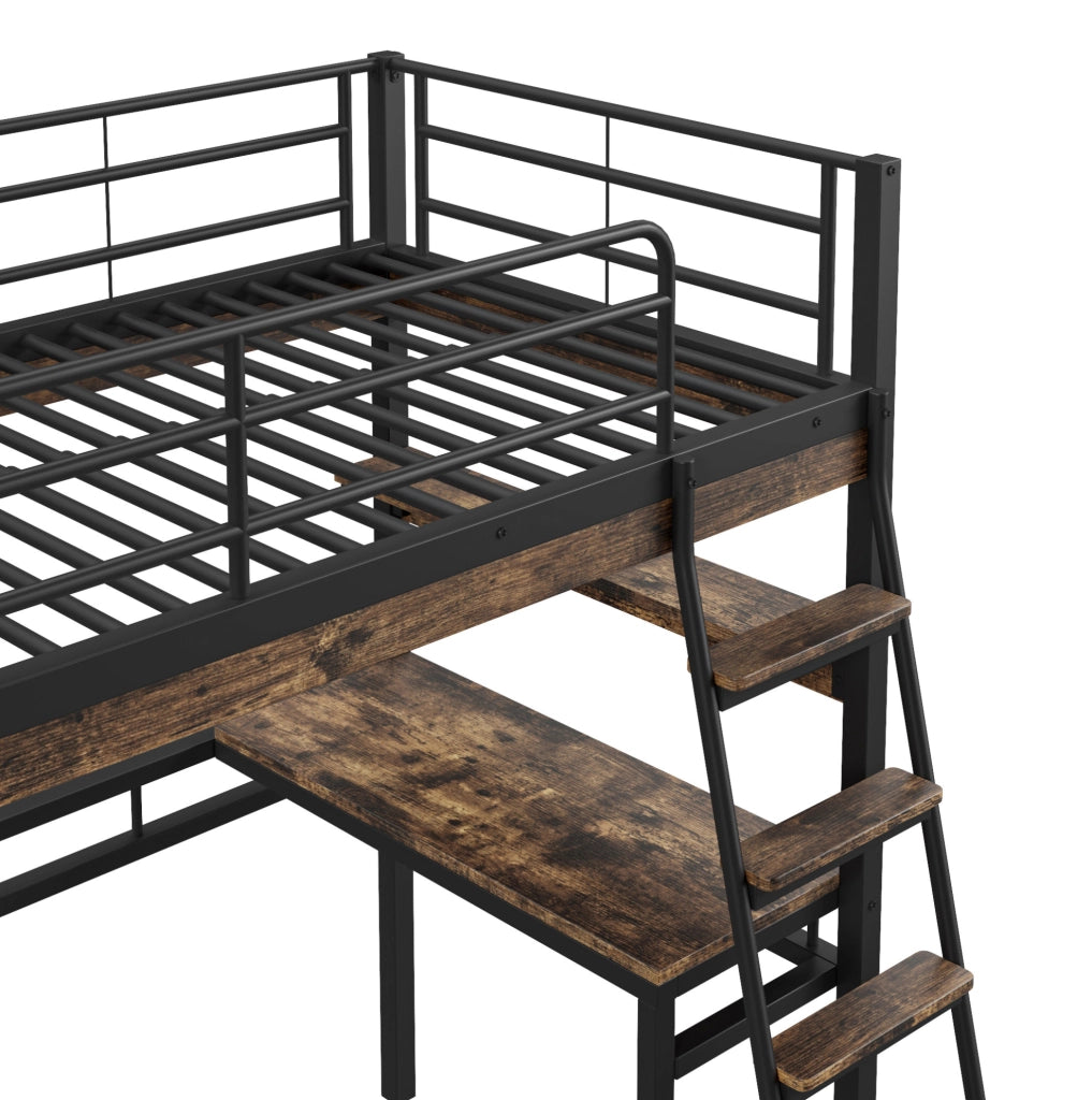 Letto a soppalco 90x200 cm con scrivania; scaffali e scala in metallo e MDF nero