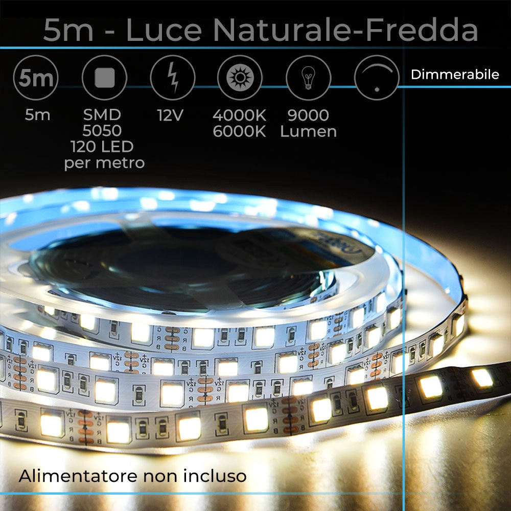 STRISCIA 120 LED/M LUCE NATURALE E FREDDA 12V DA 5 METRI - IP2O PER USO INTERNO FLESSIBILE E TAGLIABILE AD ALTA LUMINOSITA'