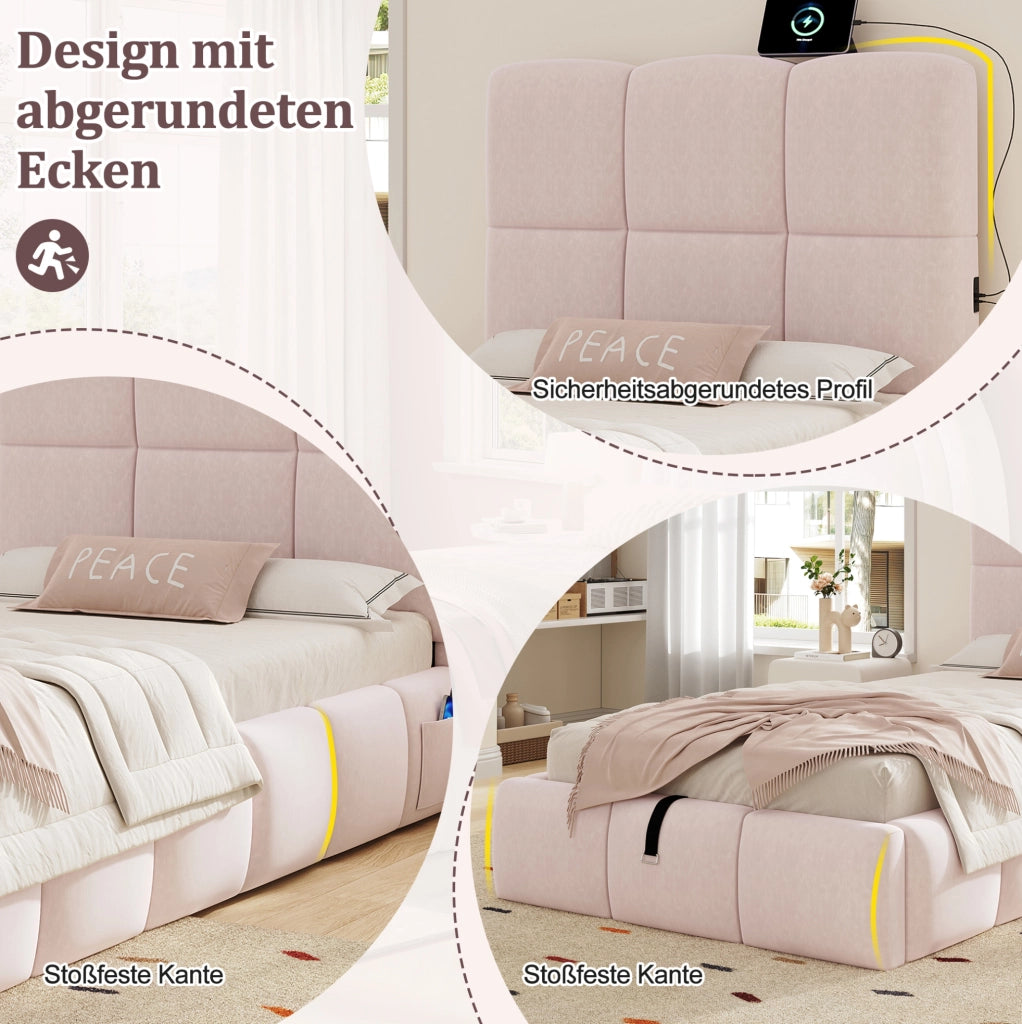 Letto singolo imbottito rosa 90 x 200 cm con vano e USB-C