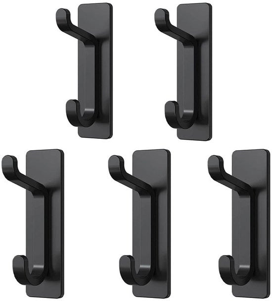 Pacchetto di 5 ganci, super resistenti, ganci autoadesivi per porte, in acciaio inossidabile robusto, idonei per bagni e docce, idonei per l'appeso asciugamani, giacche, cappelli, portafogli, ecc., nero.