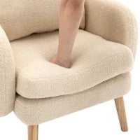 Poltrona Relax Moderna in Velluto Teddy con Cuscino, Seduta Extra Spessa, Struttura in Legno Massello, 71x72x71cm - Poltroncina da Salotto, Beige