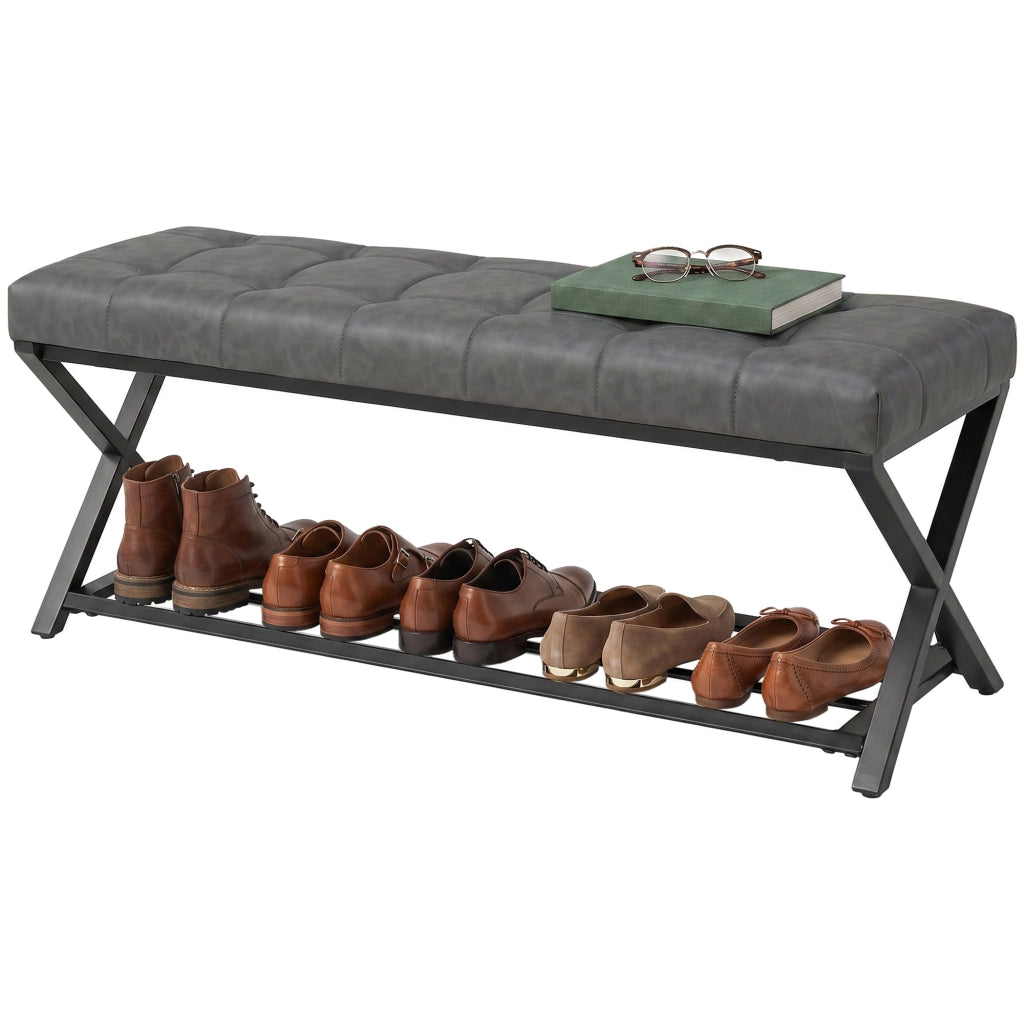 Panca ingresso con ripiani e appendiabiti, imbottita in similpelle ¨C Xylo ¨C 112x37x47 cm, grigio scuro