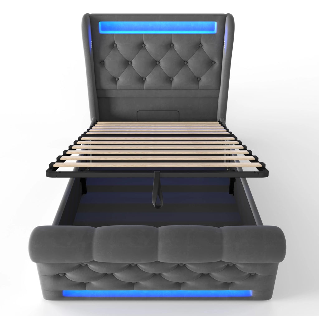Letto singolo imbottito 90x200 cm in velluto grigio con LED; USB e Type-C; contenitore idraulico