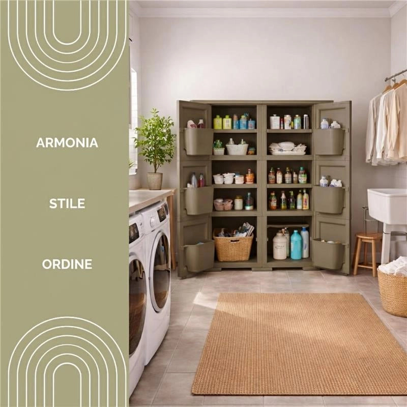 MOBILE MULTIUSO 2 ANTE WENGÉ 79X43X125 CM CON 3 MODULI E 6 TASCHE LATERALI – CONTENITORE VERTICALE SALVASPAZIO PER ORGANIZZAZIONE CASA