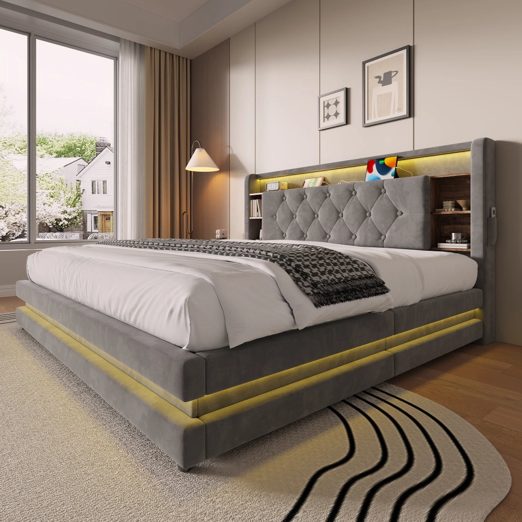 LETTO Contenitore 160x200 cm in velluto grigio scuro con testiera multifunzione