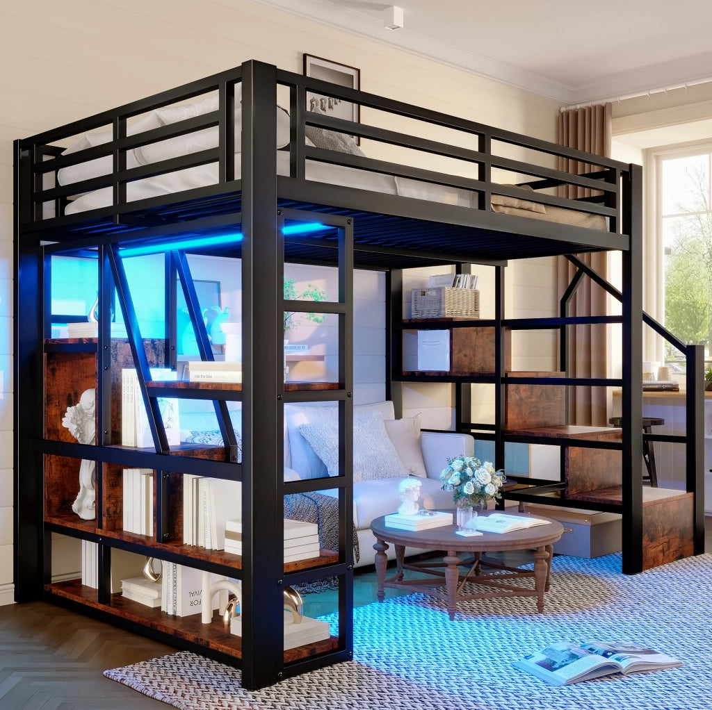 Letto a soppalco 140x200 cm con LED; scaletta e parapetti in metallo e MDF nero