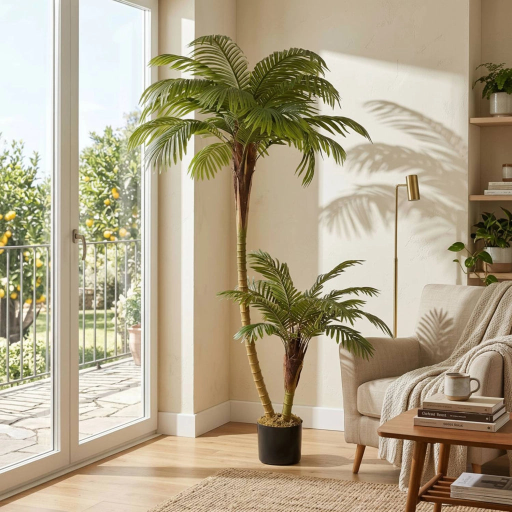Palma Artificiale Marvin 170 cm con 2 Fusti e 40 Foglie Tropicali, Pianta Decorativa Realistica per Interni e Uffici
