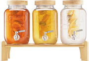 Set di Dispensatori per Acqua e Succo - 3 pezzi - Capacità 3 x 3,8 L - Vetro - Con Rubinetti Senza Gocce - Standard in Legno - Adatto per Feste e Ristoranti - Per Limonata e Tè Freddo