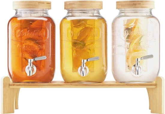 Set di Dispensatori per Acqua e Succo - 3 pezzi - Capacità 3 x 3,8 L - Vetro - Con Rubinetti Senza Gocce - Standard in Legno - Adatto per Feste e Ristoranti - Per Limonata e Tè Freddo