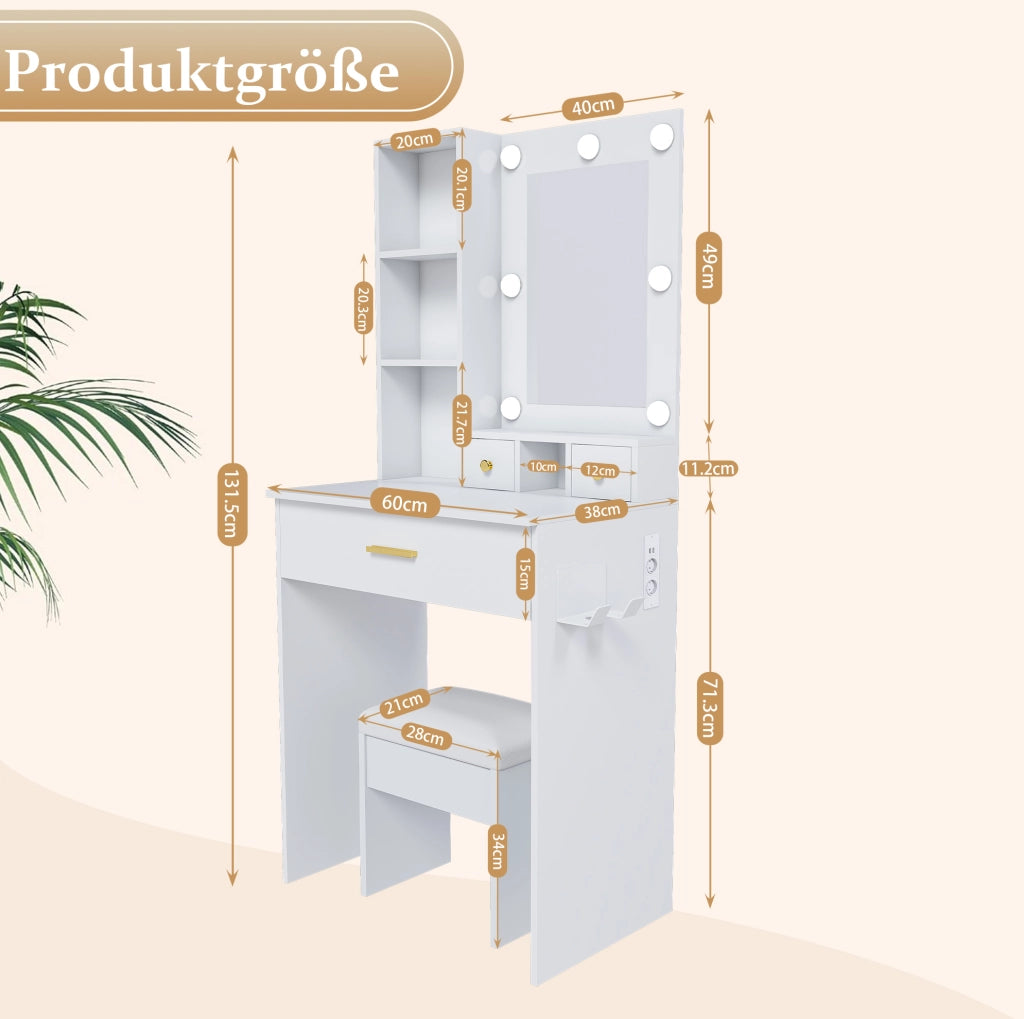 Tavolo da trucco con specchio LED a 3 modalità; presa e supporto asciugacapelli in MDF bianco