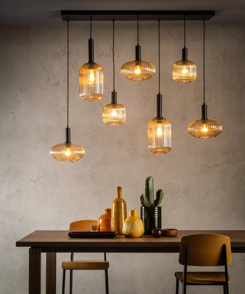 Lampadario Lucide Maloto ottone 7xE27 vetro rigato