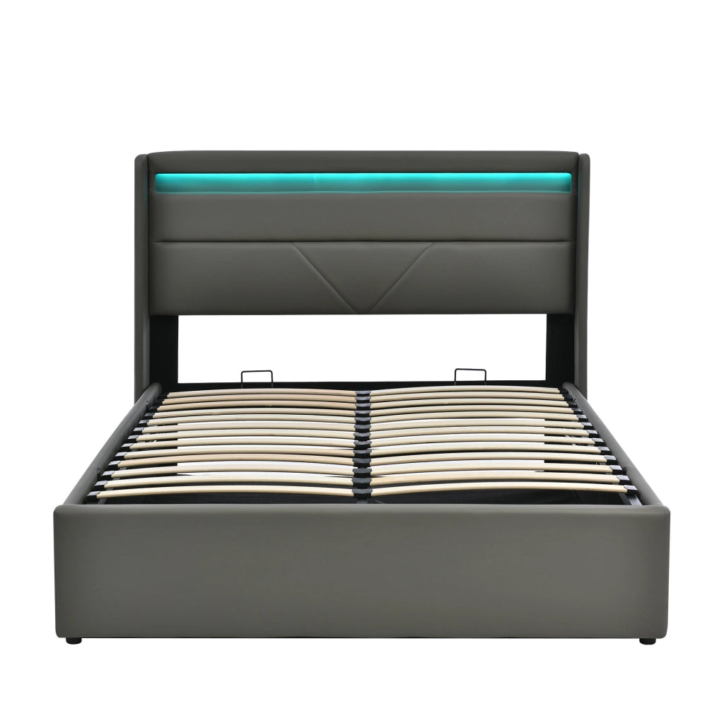 Letto matrimoniale imbottito 160x200 cm in PU grigio con LED e contenitore idraulico
