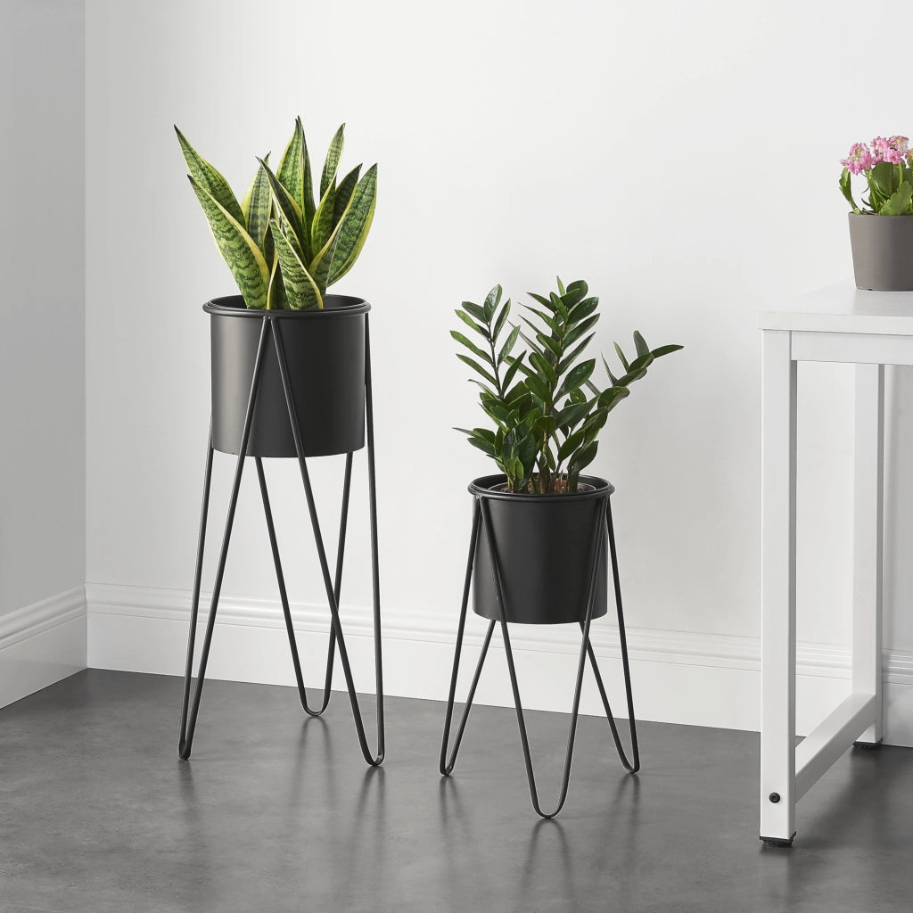 Set Hedera di 2 Supporti per Piante con Coprivaso in Metallo - Nero [en.casa]