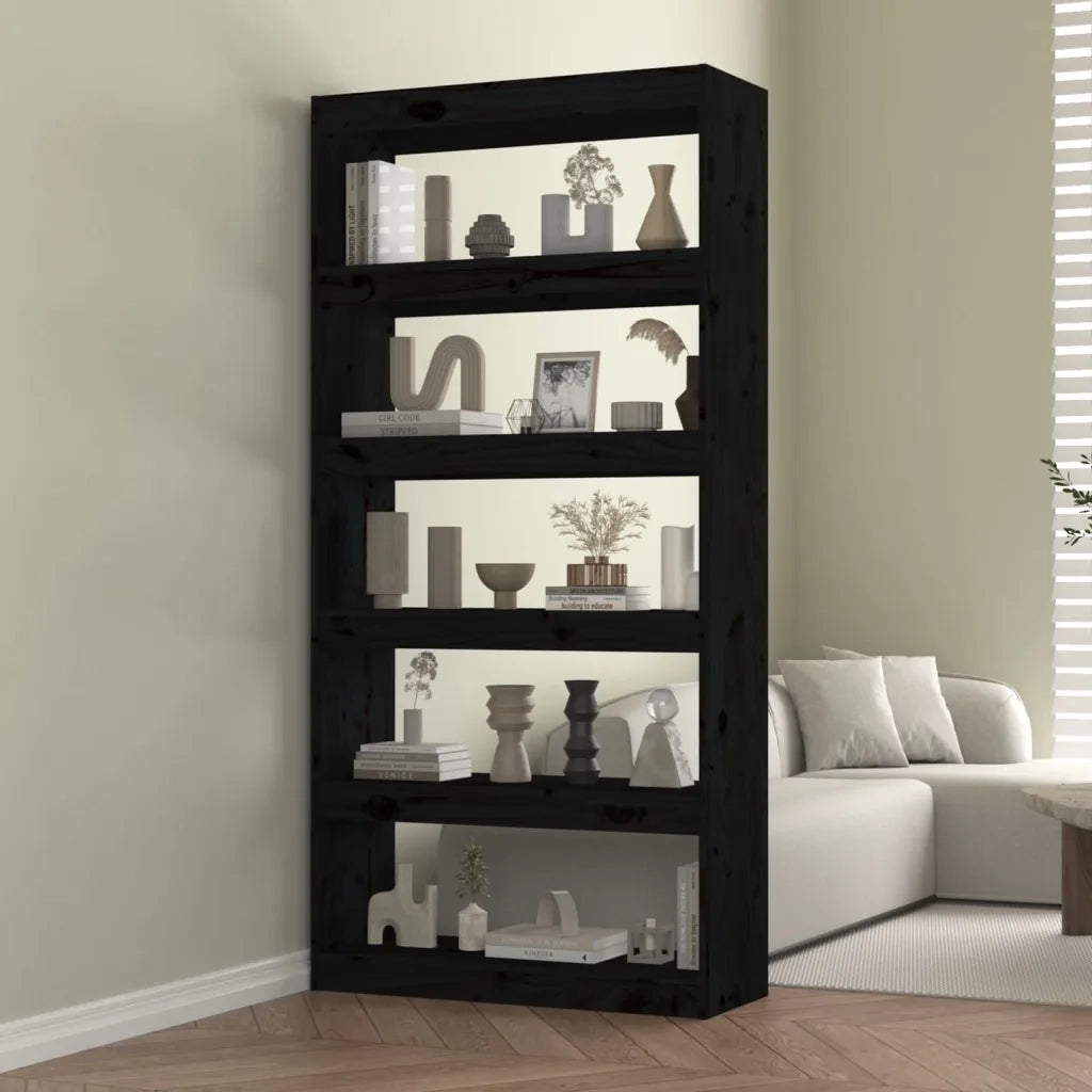 Libreria Divisorio-Scaffale per Libri-Mobile di Stoccaggio Nero 80x30x167,4 cm Legno Massello di Pino