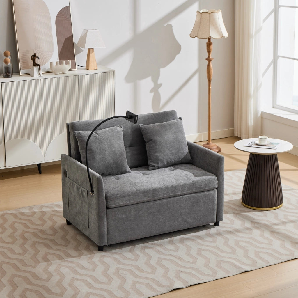 Divano letto pieghevole moderno con USB; supporto tablet e rivestimento grigio
