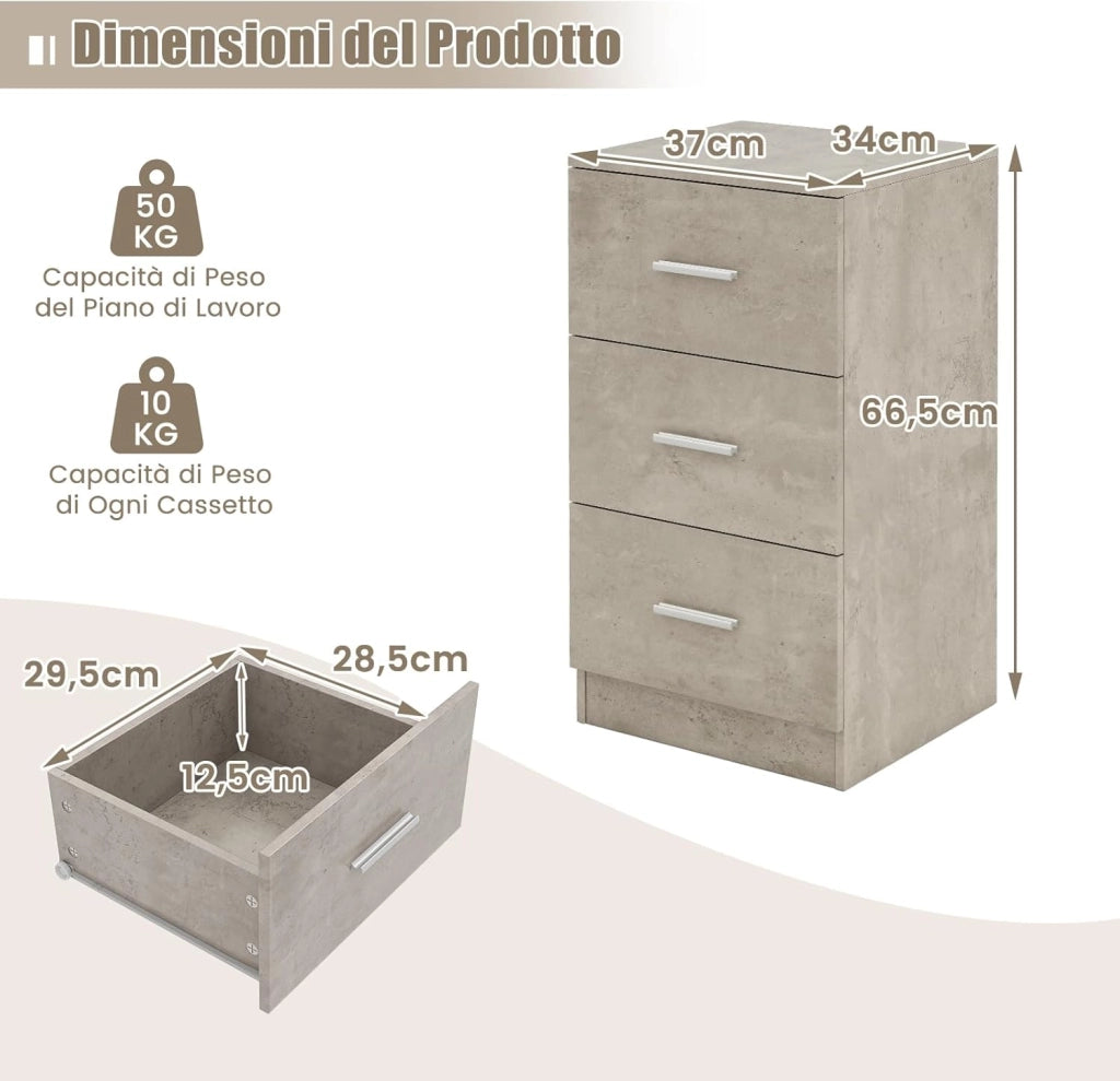 Comodino Camera da Letto 37 x 34 x 66,5cm, Cassettiera in Legno Moderno con 3 Cassetti, Mobile Salvaspazio per Soggiorno, Ufficio e Camerretta (1, Grigio)