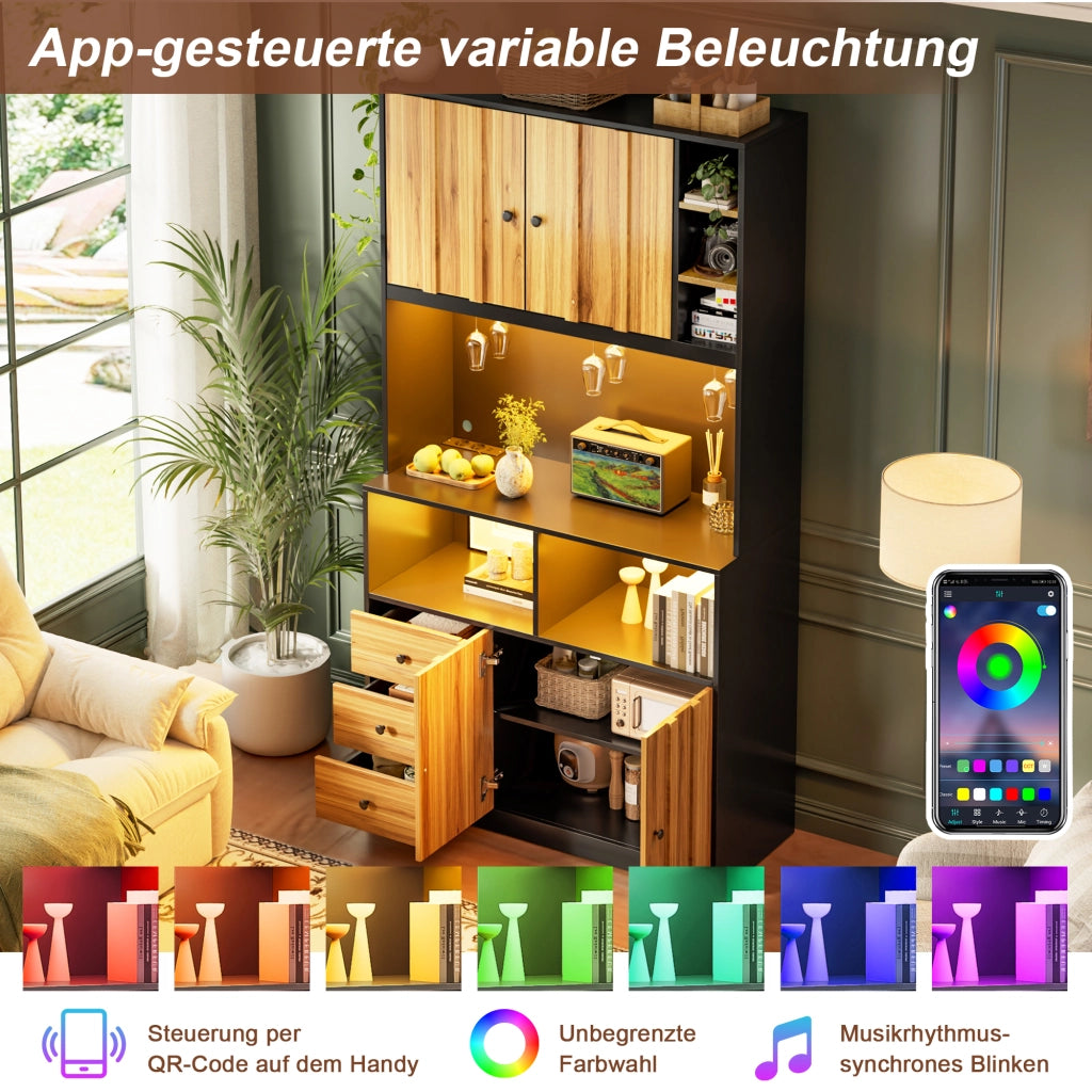 Credenza da cucina con 3 porta calici; presa; LED rgb e vetrina per cucina e sala da pranzo; 100 × 40 × 180 cm