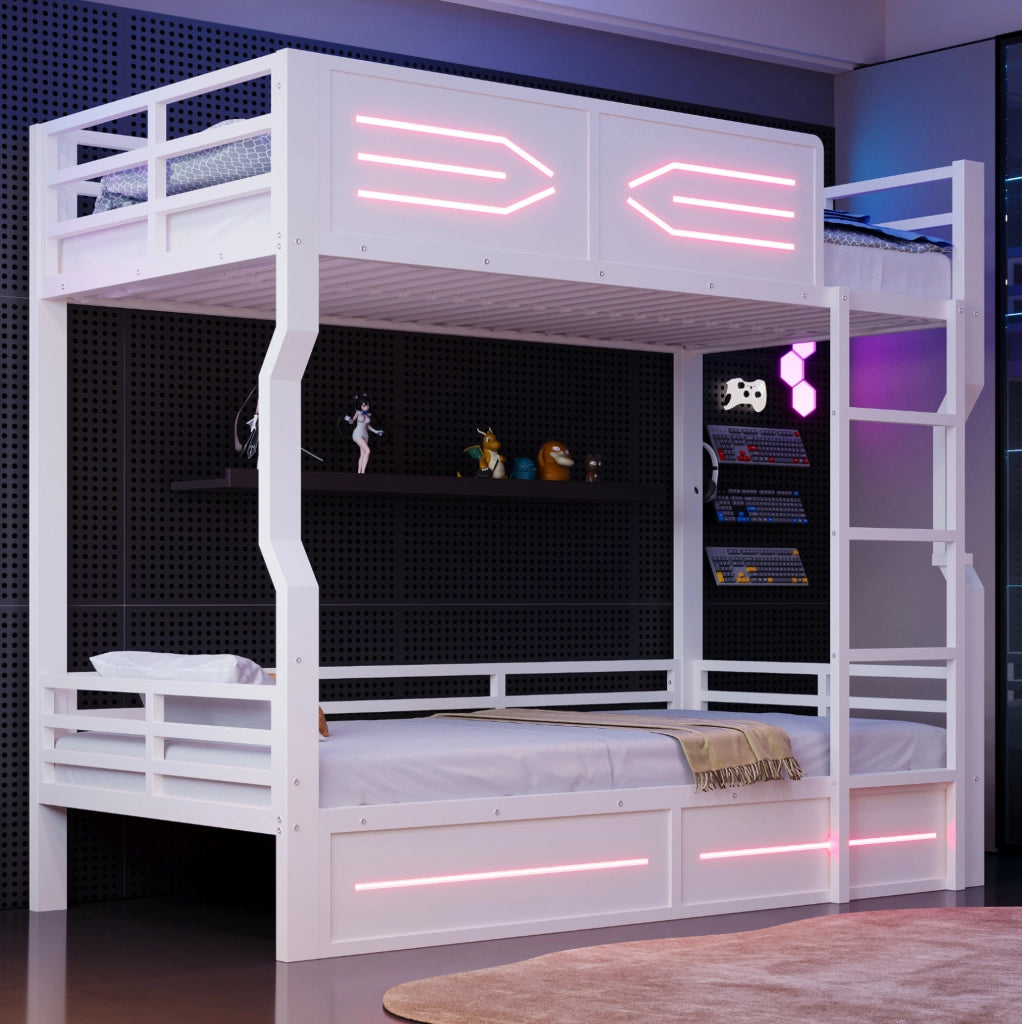 Letto a castello 90x200 cm bianco con LED, scala dritta e sponde di sicurezza