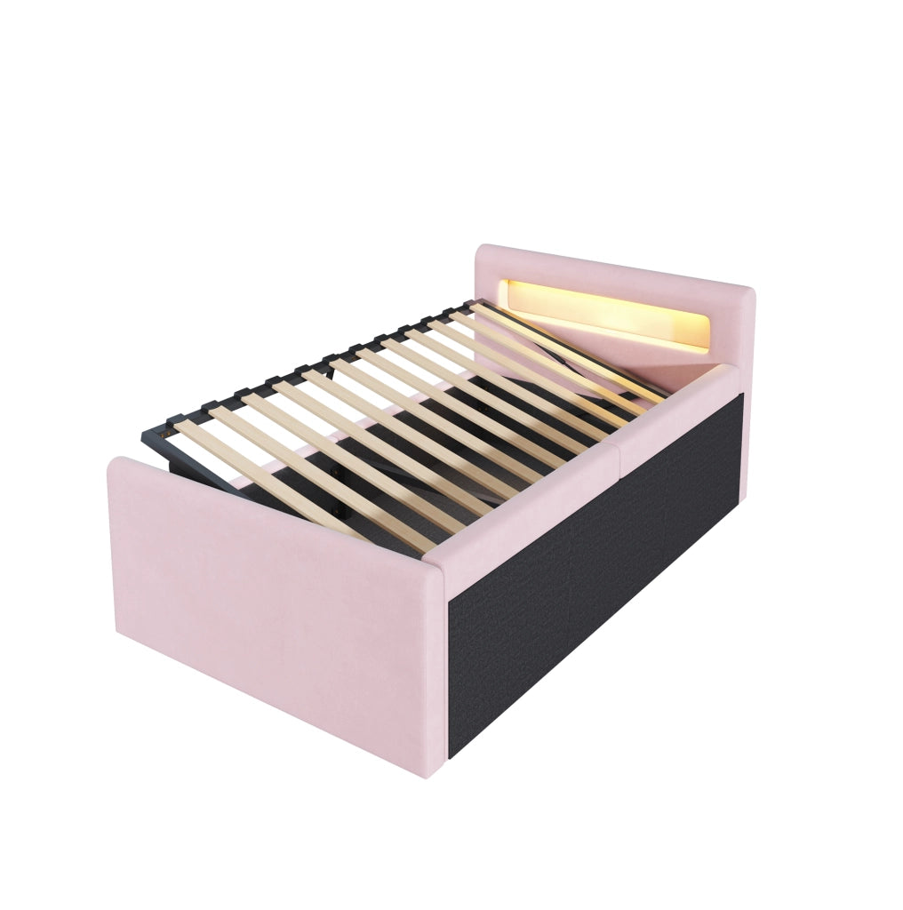 Letto imbottito per bambini 90x200 cm con LED; USB; contenitore idraulico; velluto rosa