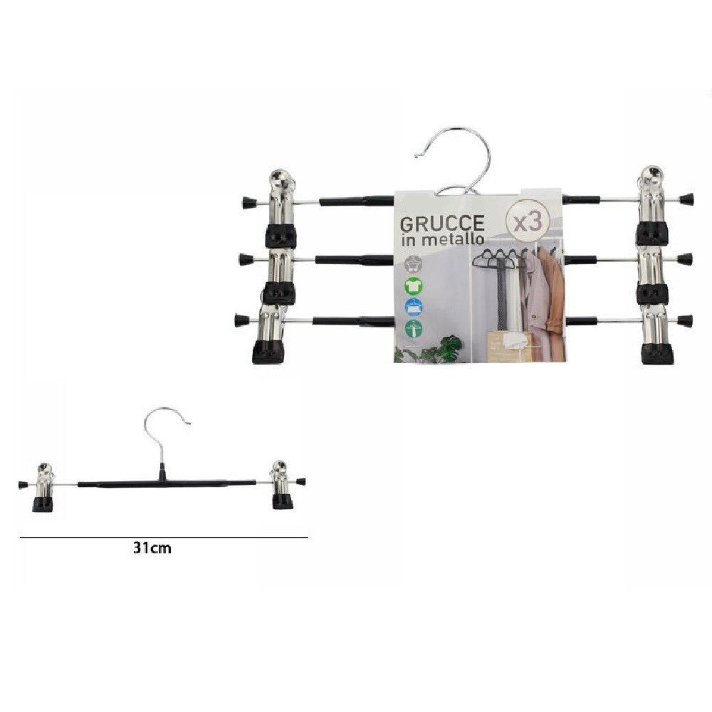 Trade Shop - Set Di 3 Pz Grucce Gruccia In Metallo Nera Con Clip 31cm Vestiti Pantaloni 67620 -
