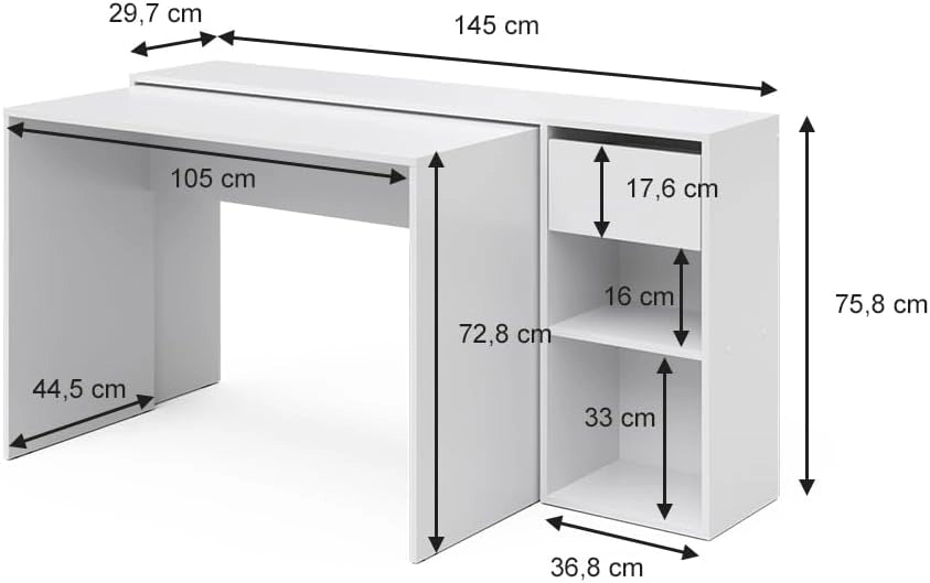 Scrivania Ben, Bianco, 145 x 46.4 cm, con piano di lavoro e ripiani aperti per l'organizzazione