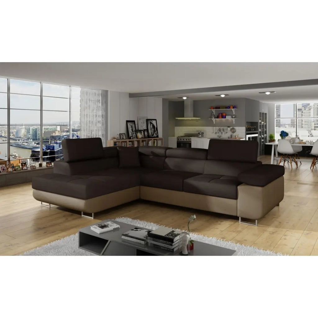 Divano angolare trasformabile MENTON beige e marrone bouclé - Angolo sinistro con contenitore