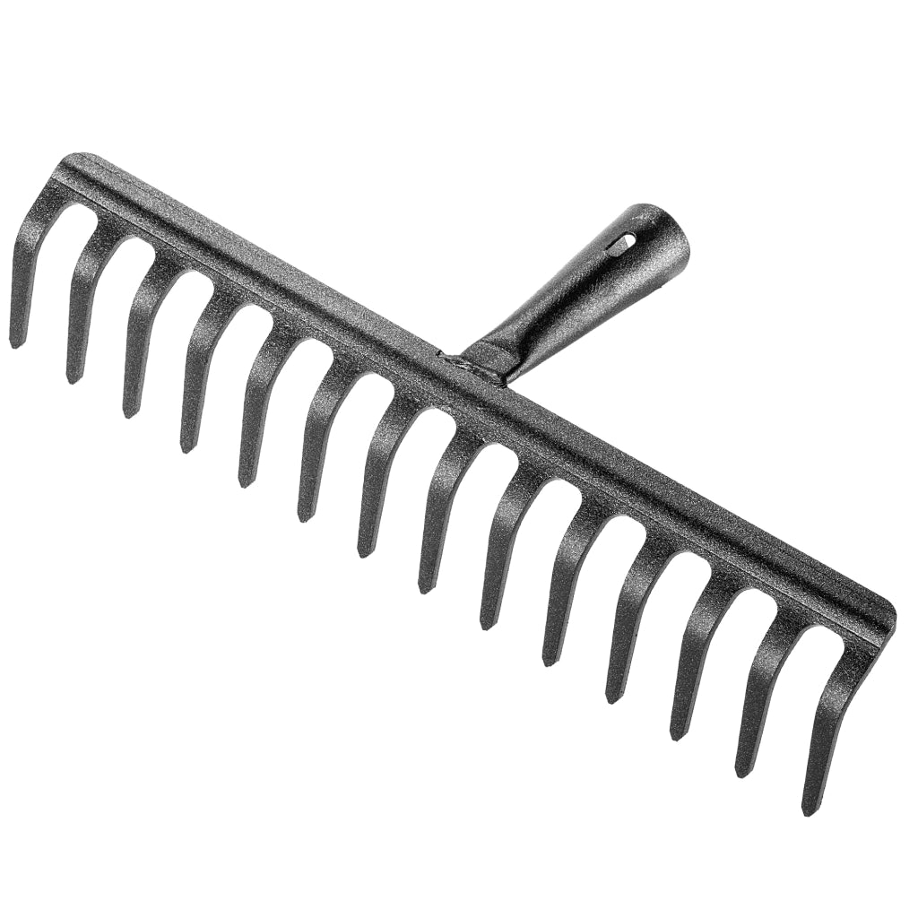 Rastrello per foglie in acciaio KADAX a 14 denti, senza manico, per terra ed erba.