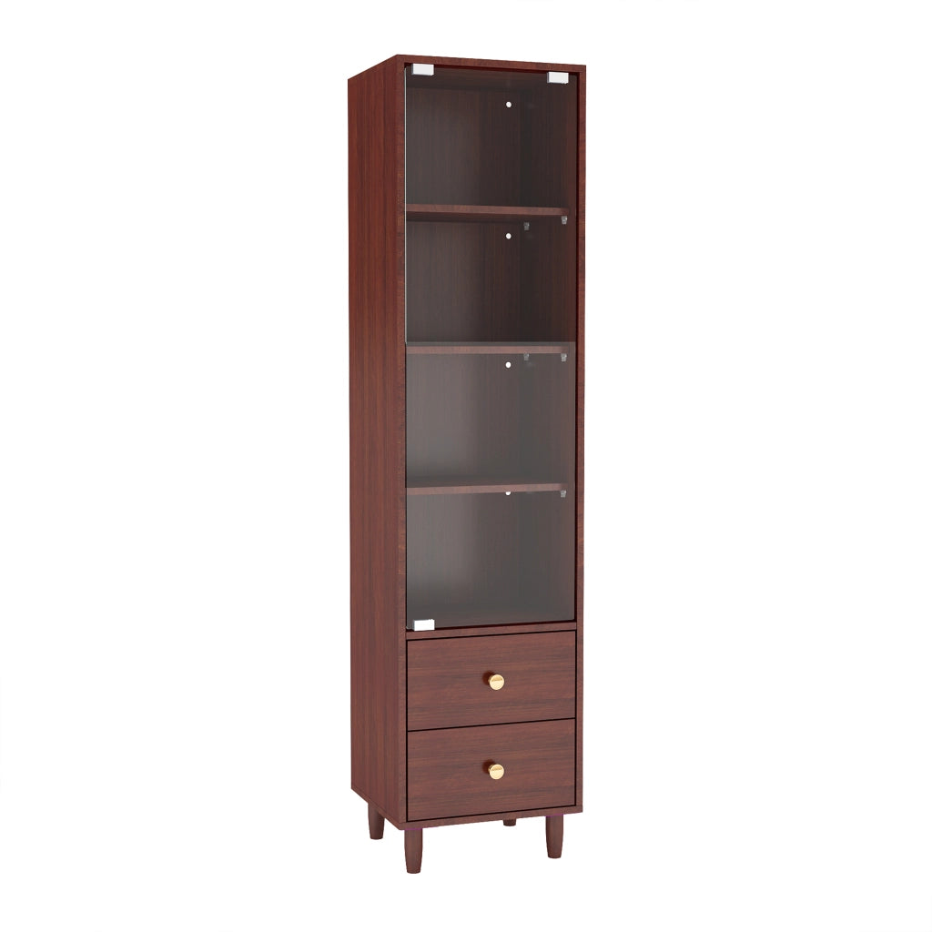 Vetrina alta con LED, anta in vetro e 2 cassetti, mobile contenitore in MDF effetto legno marrone
