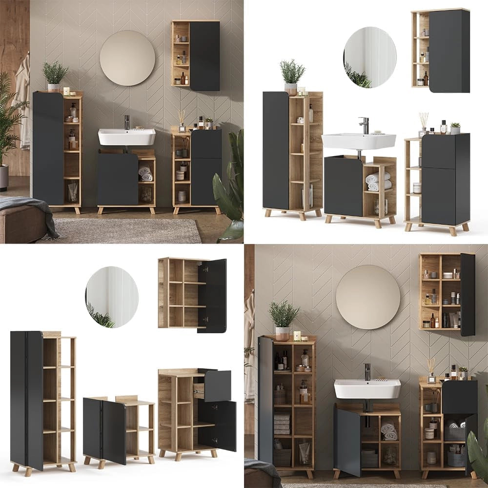 Set di mobili da bagno Karen, Sonoma/antracite, 60 cm, composto da mobile sottolavabo, specchiera, colonna, base media e pensile