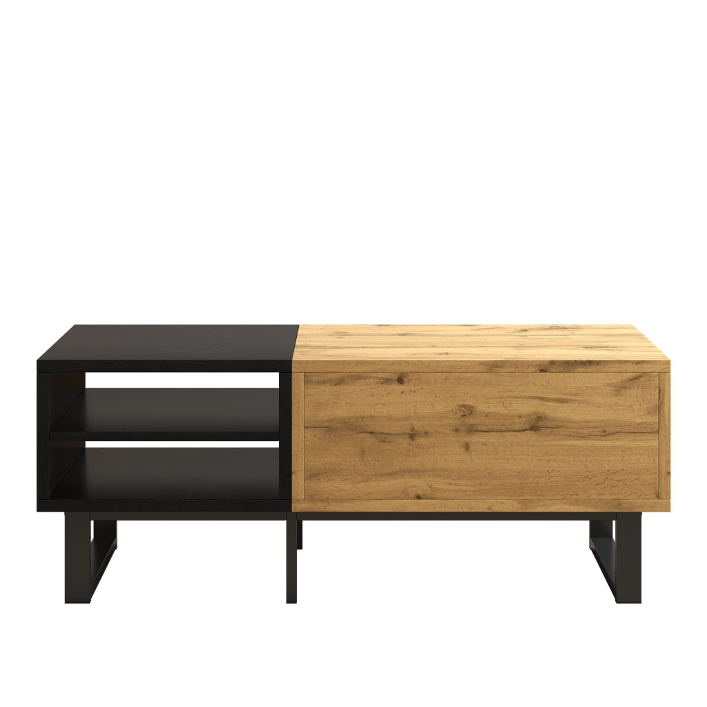 Tavolino basso con 3 vani aperti e cassetto pannello truciolare nero e legno 100 × 50 × 40 cm