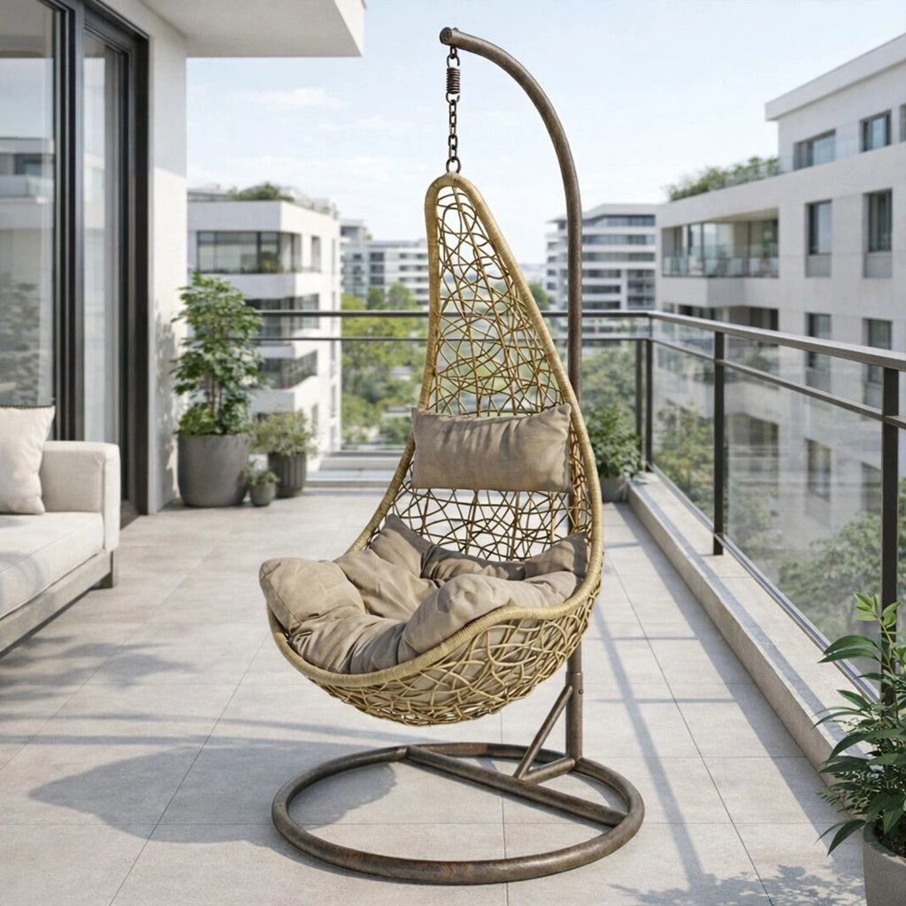 Poltrona Sospesa Da Giardino Con Struttura Autoportante In Metallo Seduta In Polyrattan Con Cuscino E Poggiatesta Arredo Outdoor Terrazza Balcone E Veranda 105 x 195 Cm Beige