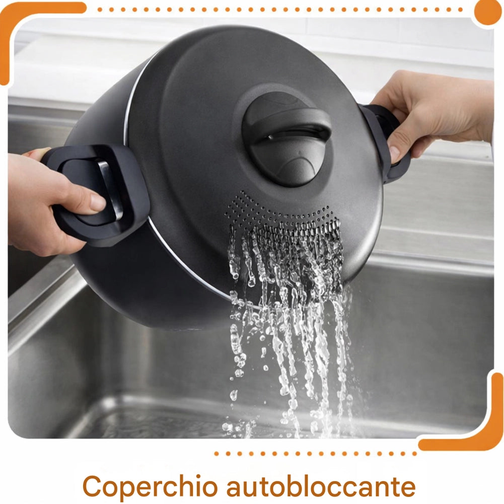 Pentola 22cm Coperchio Scolapasta Autobloccante Scolì con Maniglie Autobloccanti