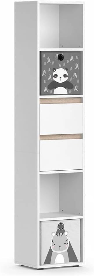 Libreria bambini Robert, Bianco, 36.2 x 171 cm con box pieghevole grigio, adatto per riporre giocattoli e libri