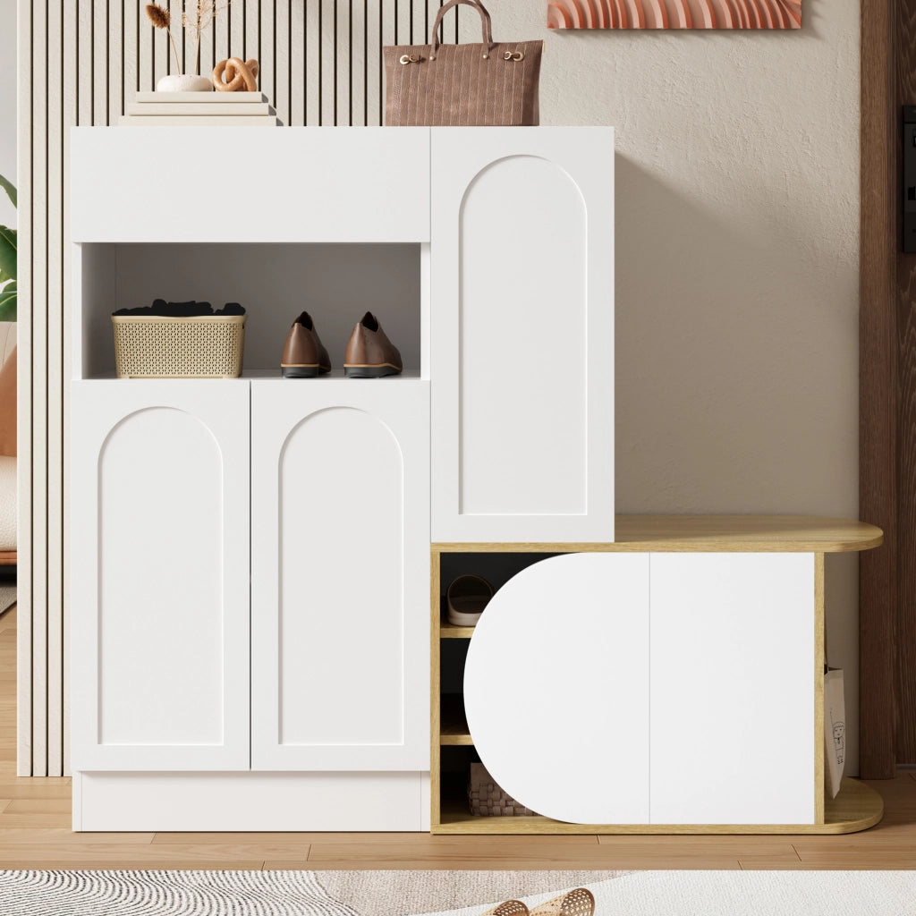 Mobile scarpiera con panca, 1 cassetto, 5 ante e vano aperto, per ingresso, in MDF, bianco, 130 × 35 × 110,5 cm