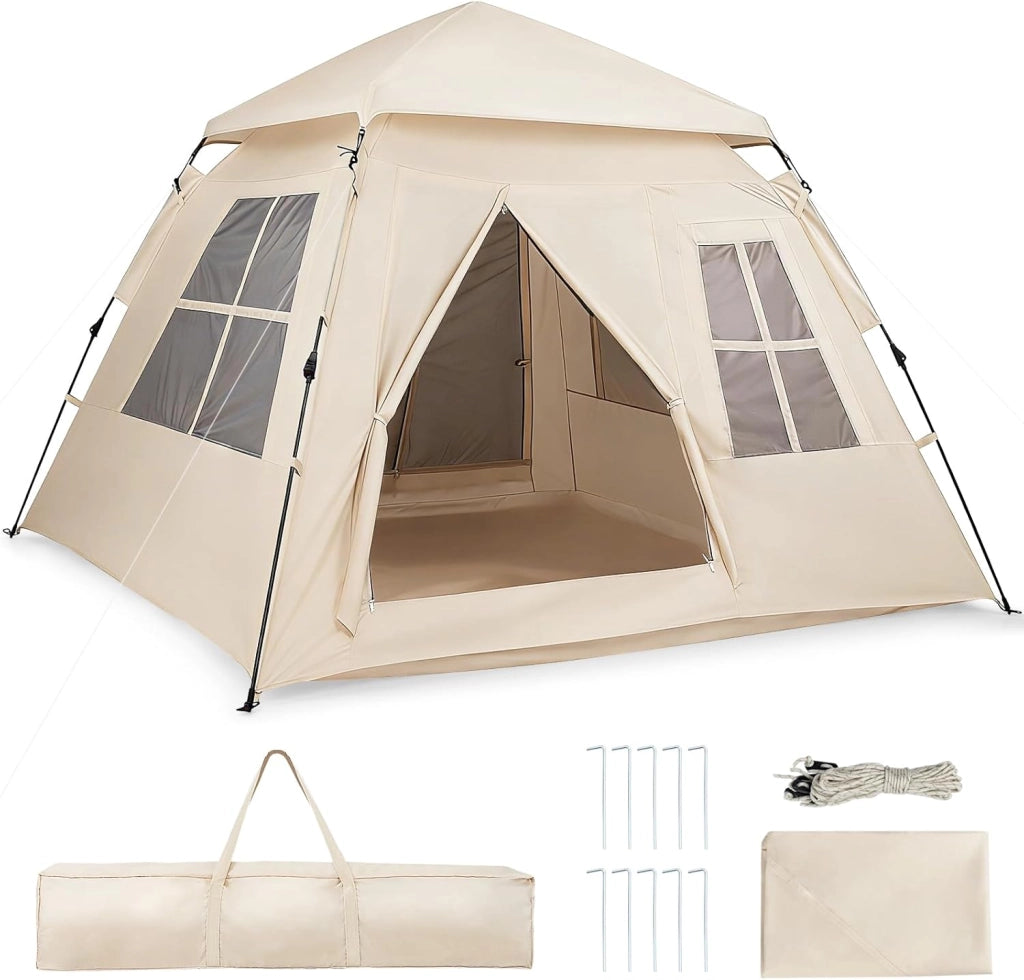 Tenda da Campeggio per 3-4 Persone, Tenda da Spiaggia Protezione Solare con Copertura Antipioggia Rimovibile, 2 Porte, 4 Finestre Traspiranti e Borsa per il Trasporto, Facile Installazione