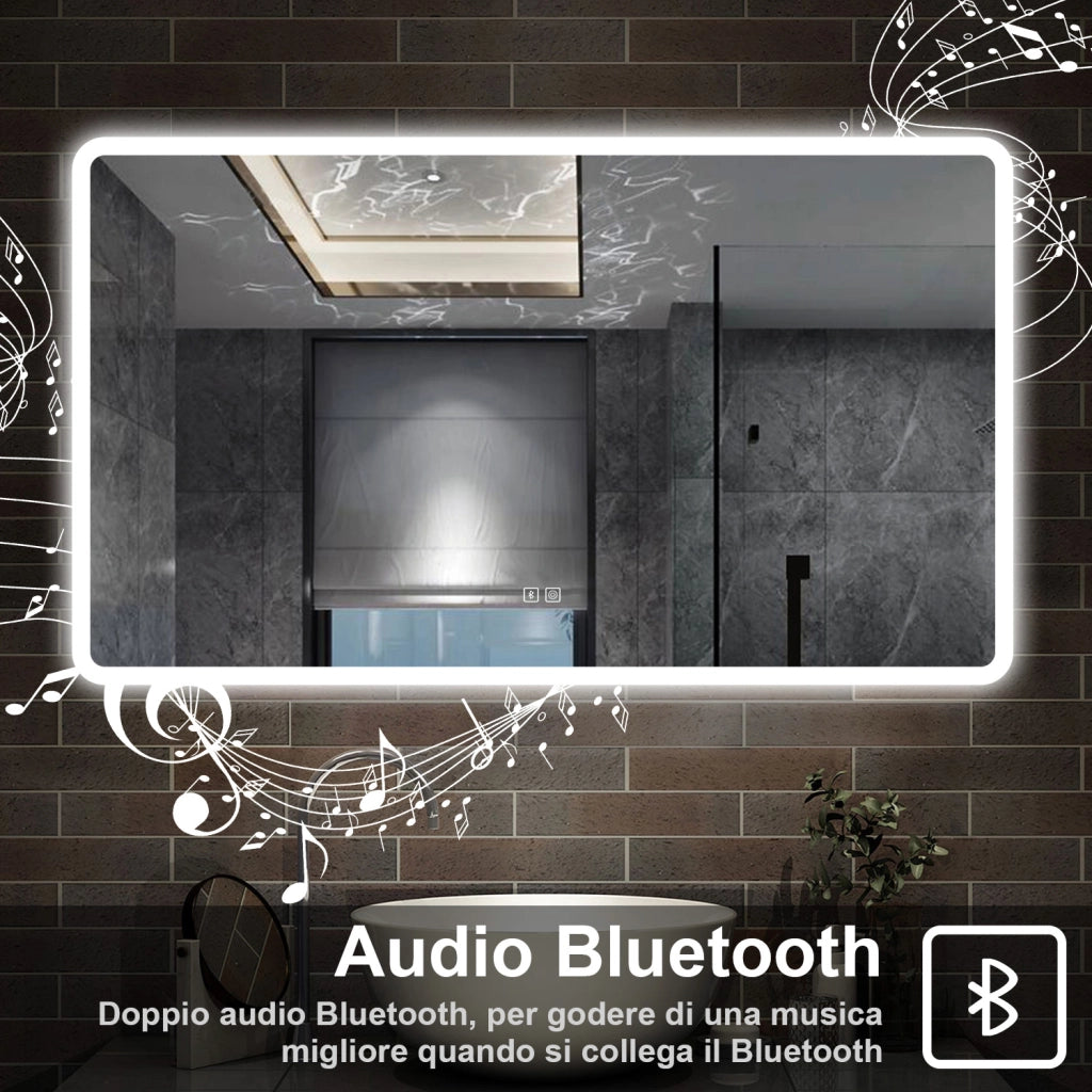 specchio rettangolare 120 x 70 cm con luce led a 3 colori, antiappannamento e touch, bluetooth