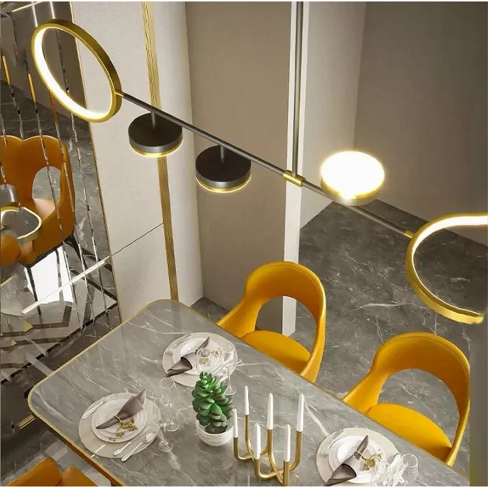 Trade Shop - Lampadario A Sospensione Led 37w Con 5 Cerchi Orizzontale Nero Oro Luce Naturale 71354 -