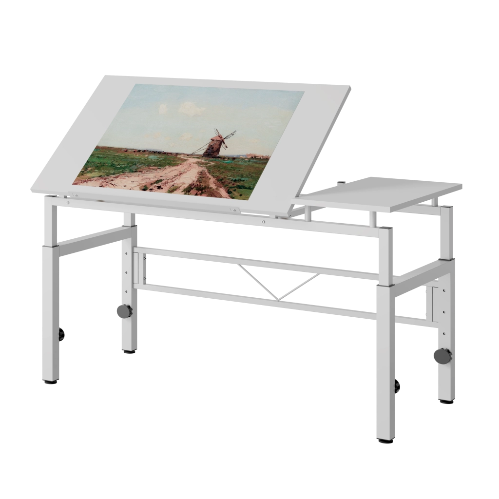 Scrivania lineare regolabile in altezza con piano inclinabile da 0 a 60 gradi per ufficio e studio in MDF e metallo bianco