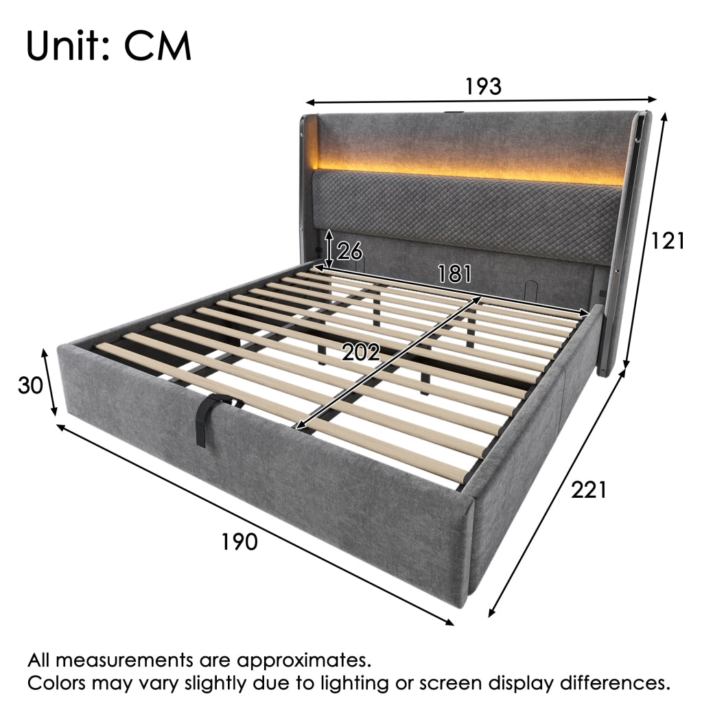 Letto contenitore 180x200 cm con testiera alta; LED e prese USB/Type-C in lino grigio