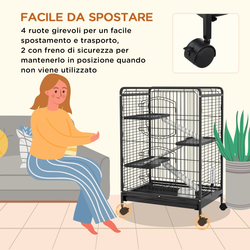 Gabbia per Piccoli Animali con Ruote ¨C zephmum ¨C 3 Rampe, 3 Piattaforme, Nero, 61.5x44x95 cm