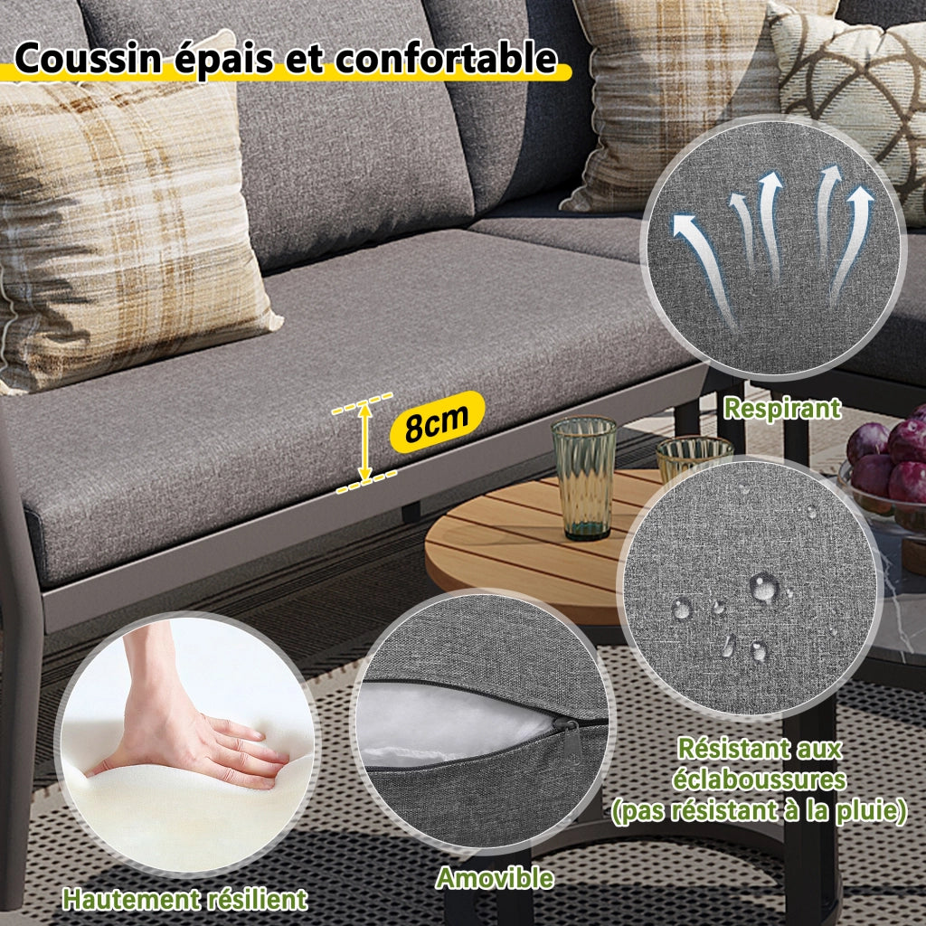 Mobili da Giardino con 2 Divani; 1 Poltrona; 1 Divano Angolare e 2 Tavoli; Metallo e Olefin; Grigio