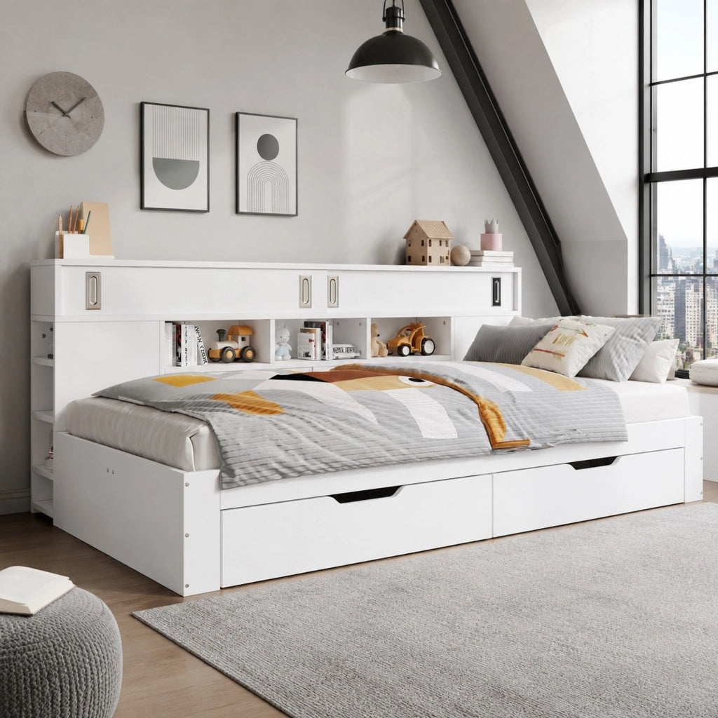 Letto singolo multifunzionale 90x190 cm con cassetti, armadi a scorrimento e ripiani, bianco, senza materasso