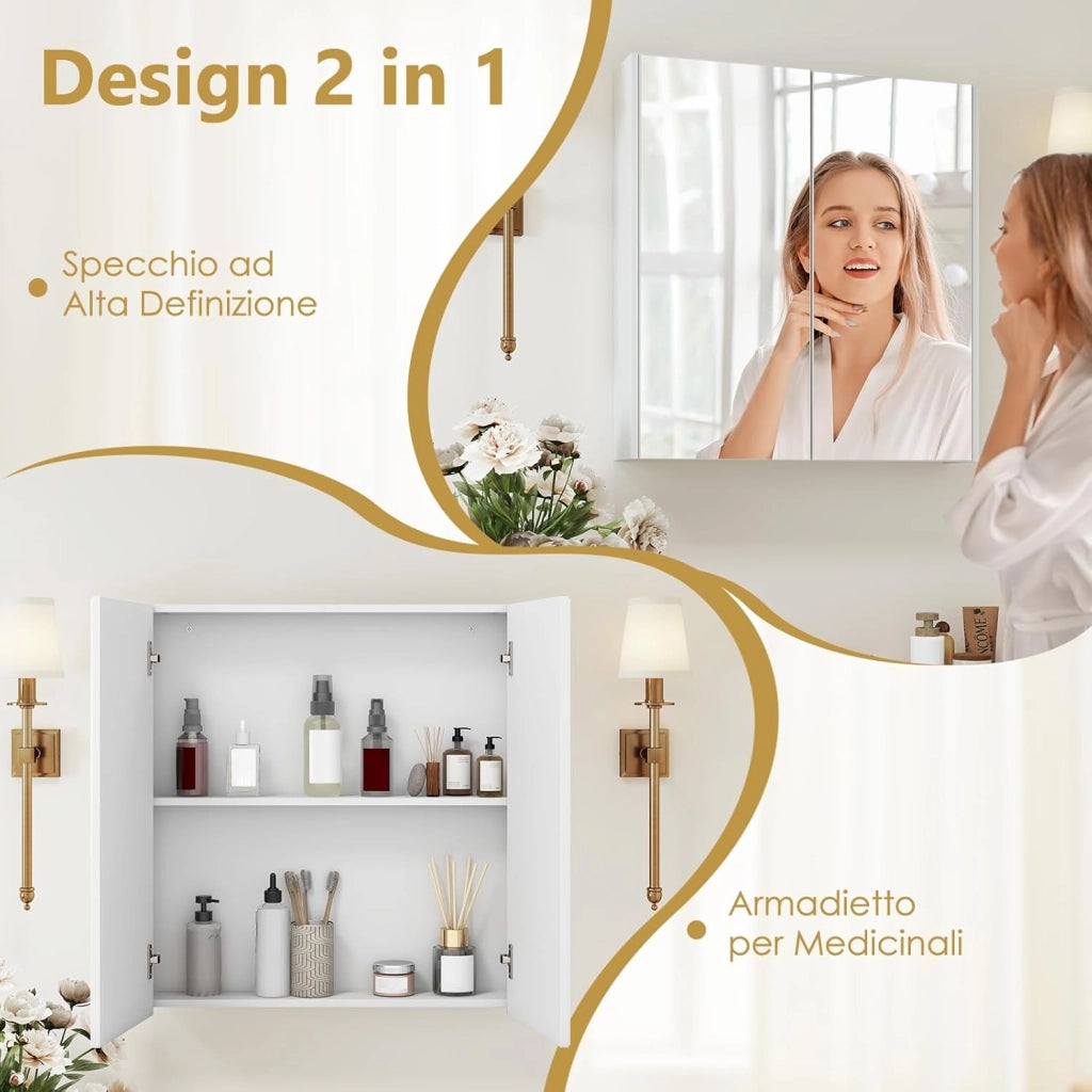 Armadietto da Bagno con Specchio a 2 Ante, Mobiletto da Parete Pensile con Mensola Regolabile, Mobile Bagno Sospeso con Specchiera 65 x 62 x 11 cm, Bianco