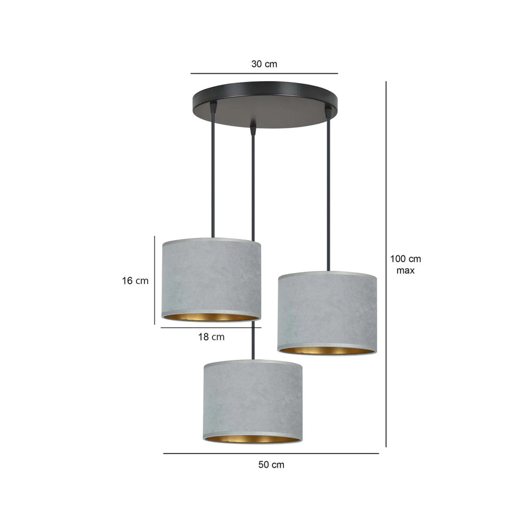 Lampadario Tondo 3 Luci Ganesha In Acciaio Nero E Paralumi In Tessuto Grigio