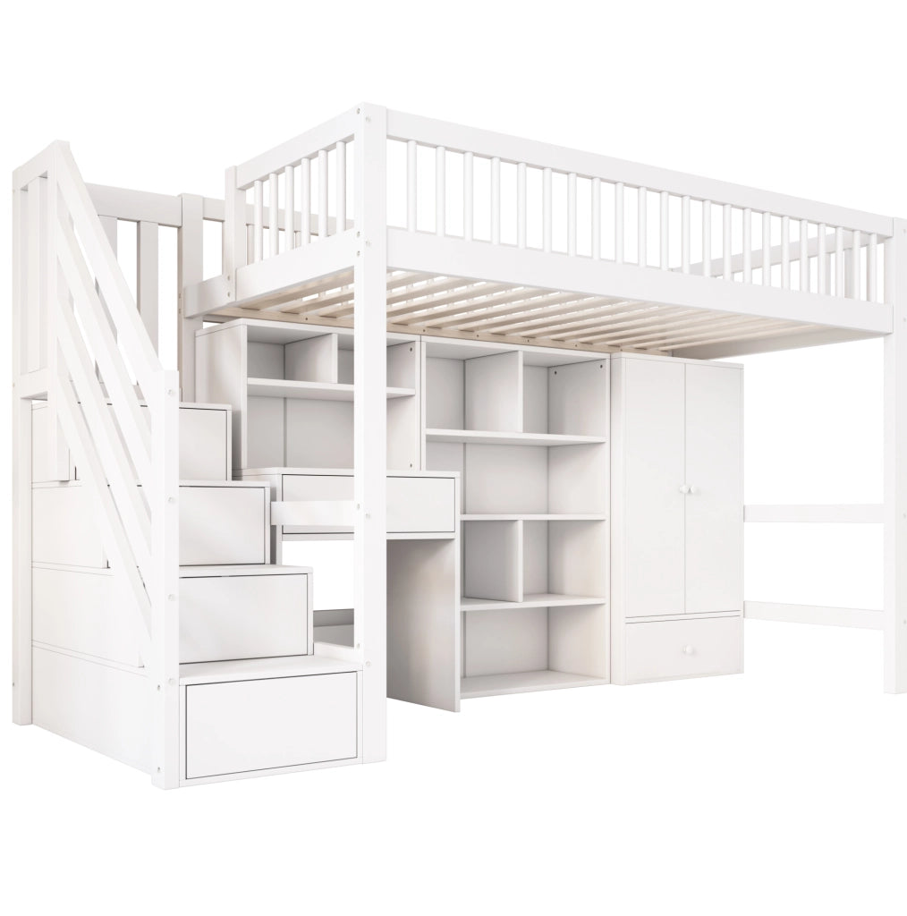 Letto a soppalco ULEVR 90x200 cm con scrivania, scala contenitore e armadio, bianco