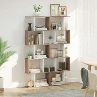 Scaffale Libreria a 5 Ripiani Suddivisi, Libreria Salvaspazio a Forma di S in Legno, Scaffale Divisorio per Soggiorno, Camera da Letto e Ufficio, 60x24x184.5 cm, Color Legno e Bianco