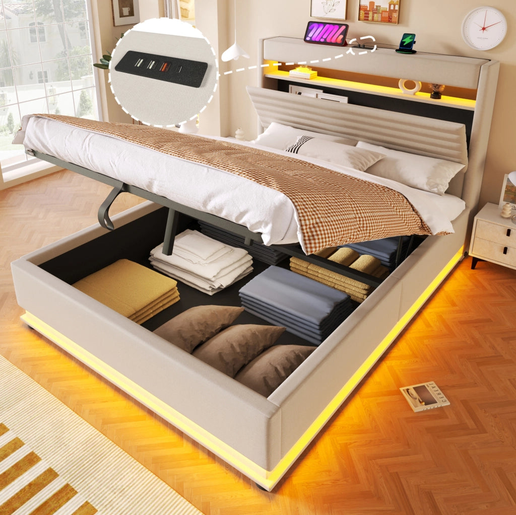 Letto matrimoniale contenitore 140x200 cm con LED; USB e USB-C in lino beige
