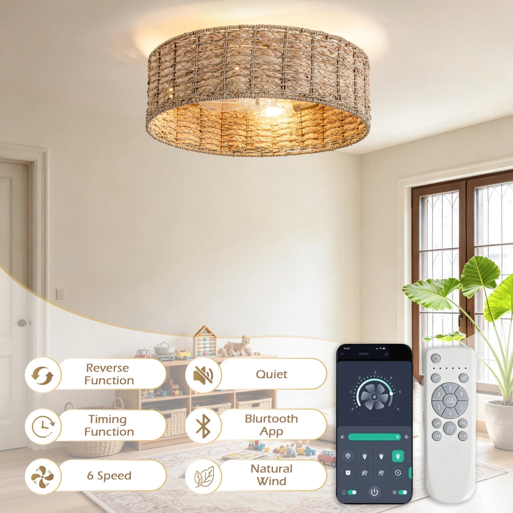Ventilatore da soffitto 19 pollici con luce, rattan naturale, doppio controllo app e telecomando, 6 velocit¨¤ reversibili, design naturale
