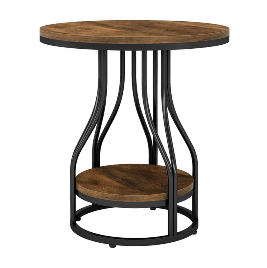 TAVOLINO ROTONDO 2 Ripiani 50x50x59 cm Metallo e Legno Nero/Marrone